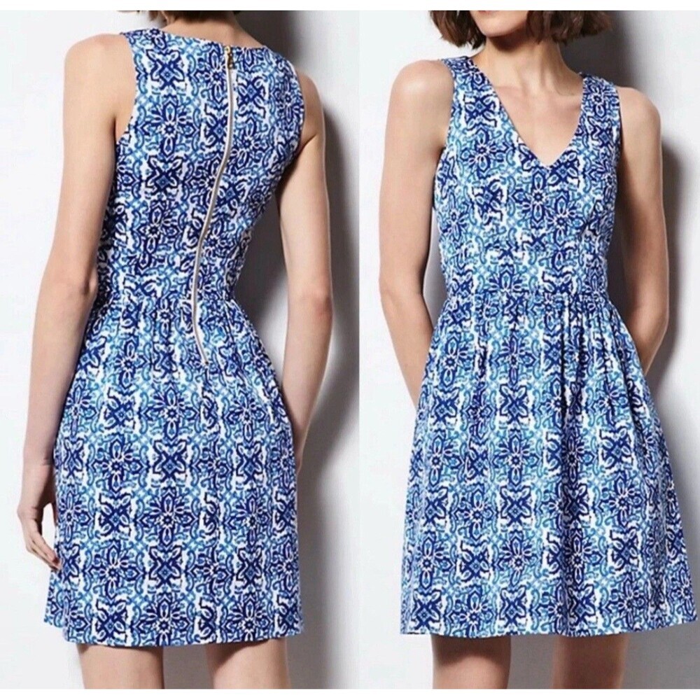 MILLY Mini Dress Size 8 Design Nation Coastal Mosaic Blue White Sleeveless